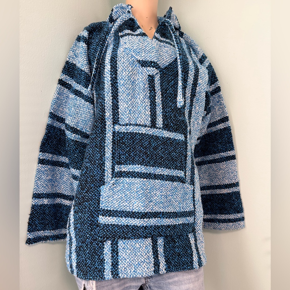 💫Vintage 90s Mexicana Blue Knit Poncho Baja Surfer Hoodie Hippie Pullover